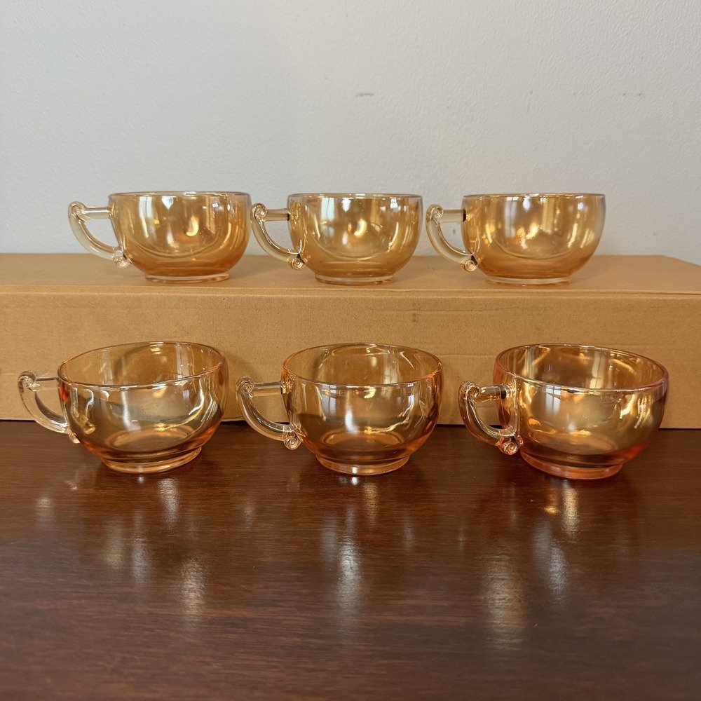 Six Jeannette Carnival Glass Cups Marigold Iridescent Replacement Cups